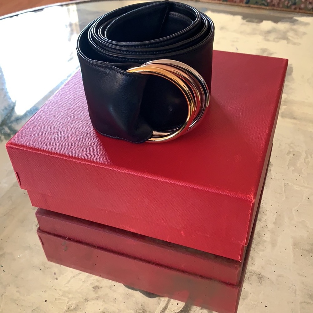 CARTIER Wide Black Leather Trinity Ring Belt